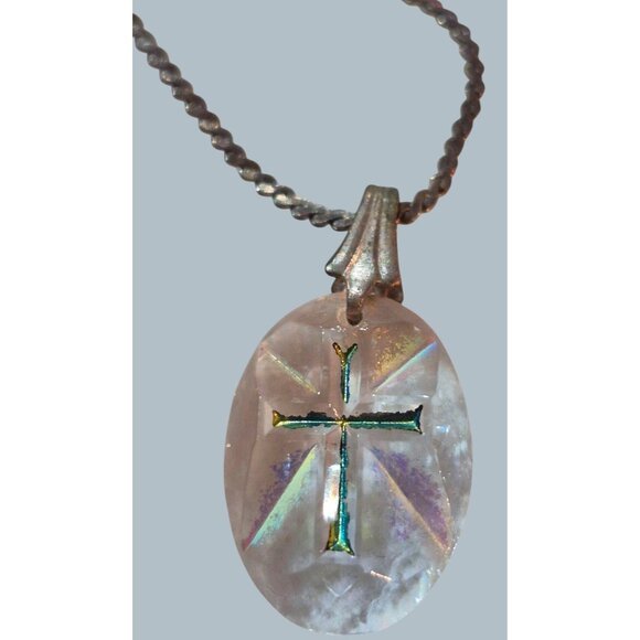Vintage Iridescent Glass Cross Pendant Necklace With Silver-Tone Chain•H - Picture 1 of 4